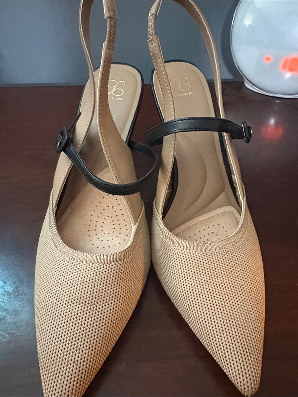 Pointed Slingback Mules in Tan with Black Strap